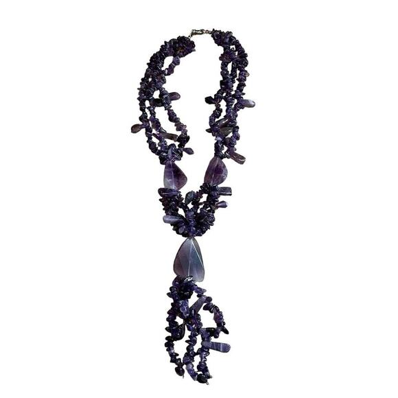 Purple Amethyst Chips Multi Strand Boho Chic Necklace Jewelry 18” Long - Picture 1 of 6